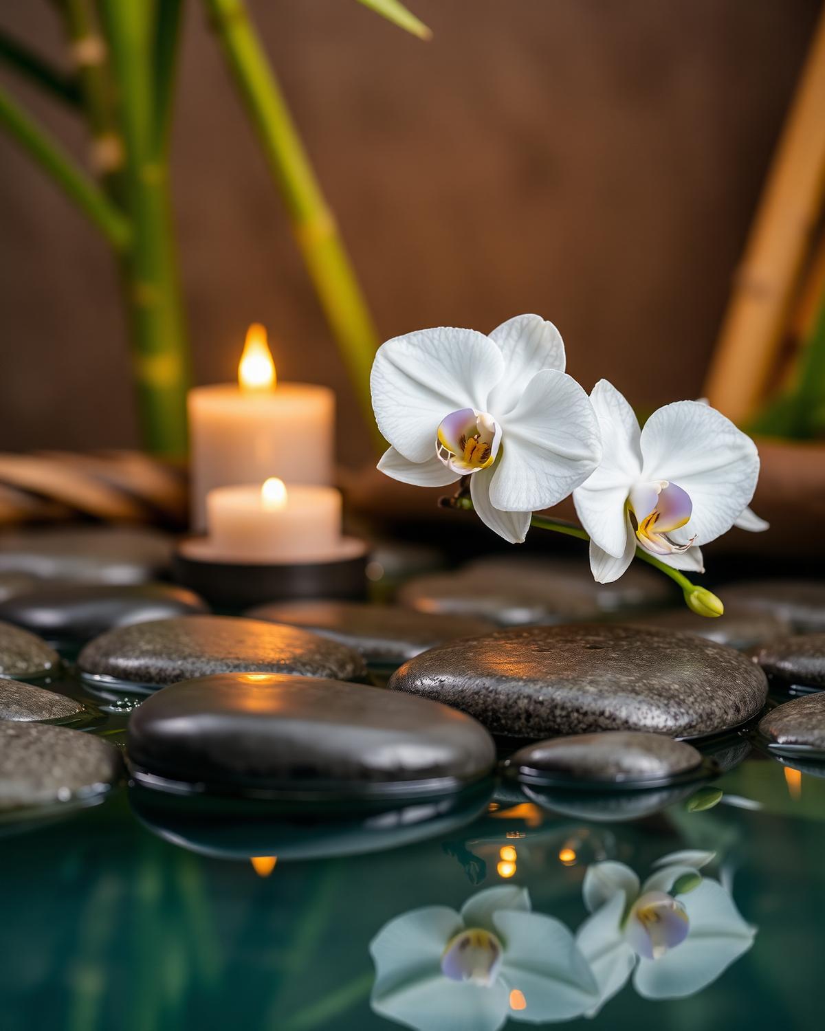 Orchid on smooth river stones